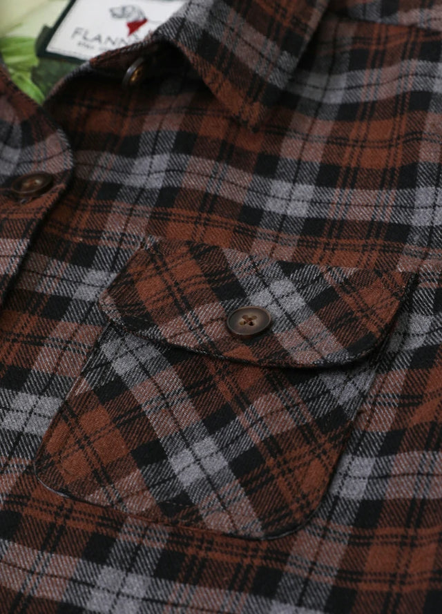 Close-up of pocket with button on kids flannel plaid shirt