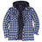 Front view of royal blue men's cozy thick plaid hoode flannel shirt jacket 