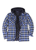 Front view of royal blue men's cozy thick plaid hoode flannel shirt jacket 