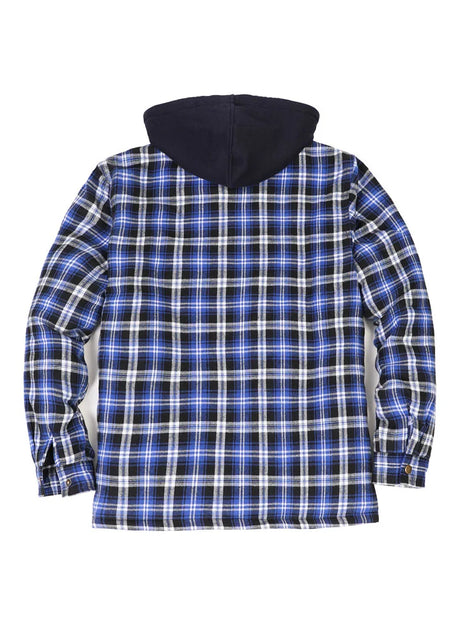 Back view of royal blue men's cozy quilted lined plaid flannel shacket