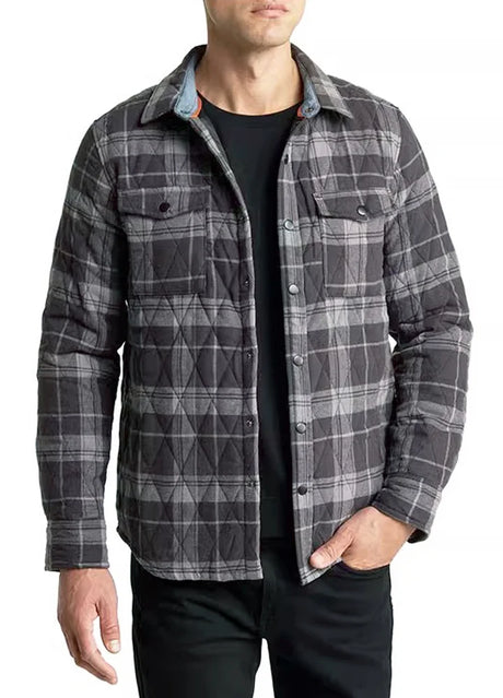 A man in charcoal haze snap button plaid shirt jacket for men 