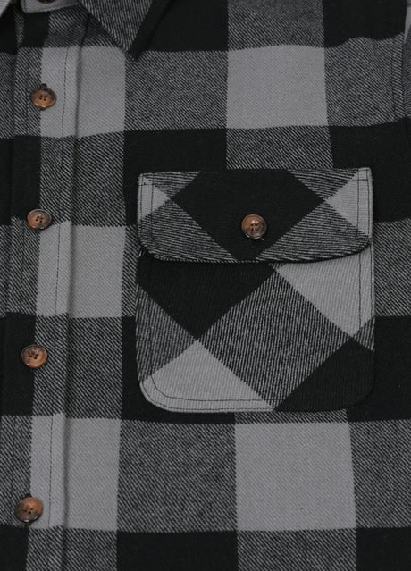 Close-up of the pocket of gray men's heavyweight flannel plaid shirt