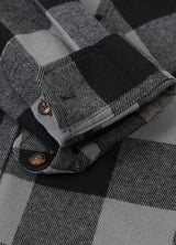 Detailed view of the cuff of gray men's stalwart cotton flannel plaid shirt