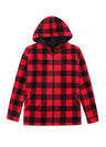 Front view of men's red fleece lined coat with hood