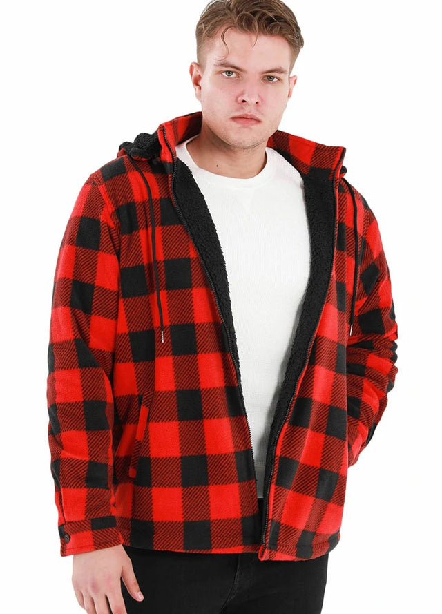 Front view of a man in red plaid men's fleece plaid jacket with removable hood