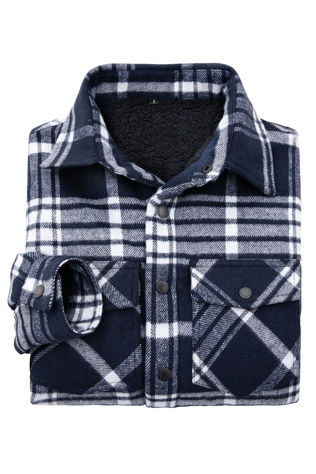 High view of folded navy white men's cozy thick flannel jacket