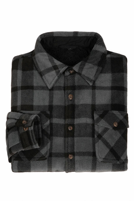 A high view of folded grey men's cozy button plaid shirt jacket with sherpa lining