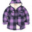 Front view of girls purple hooded plaid flannel shirt jacket