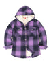 Front view of girls purple hooded plaid flannel shirt jacket