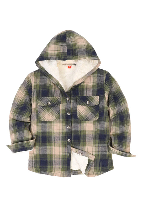 Front view of girls tea green sherpa lined flannel shirt jacket