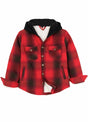 Front view of kids fleece-lined red flannel jacket