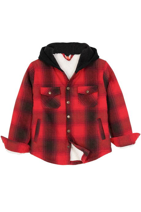 Front view of red toddler sherpa lined snap flannel hoodie