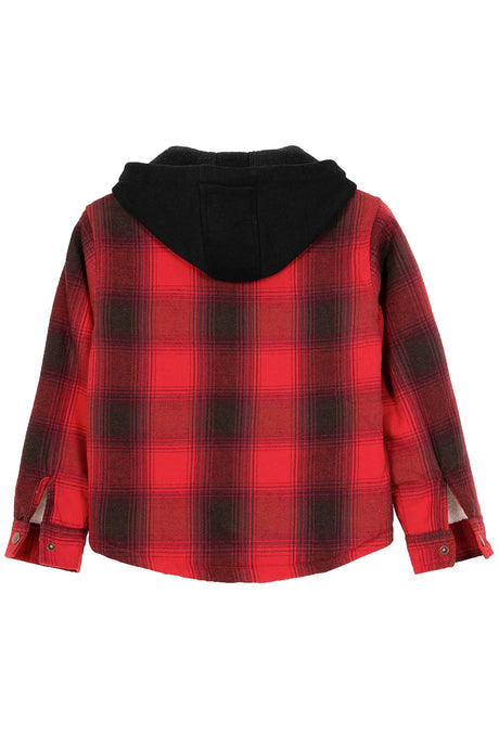 Back view of red toddler sherpa lined snap flannel plaid hoodie