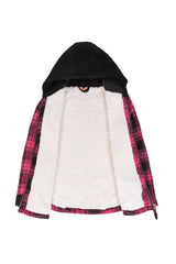 Front view of the lining of pink toddler full zip plaid flannel shirt with hood