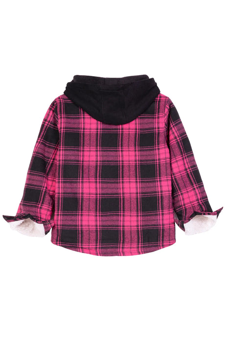 Back view of pink toddler zipper plaid flannel hoodie