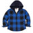 Front view of blue toddler full zip plaid flannel hooded