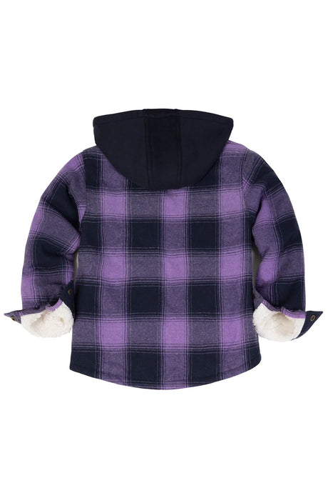 Back view of purple toddler zipper plaid flannel hoodie