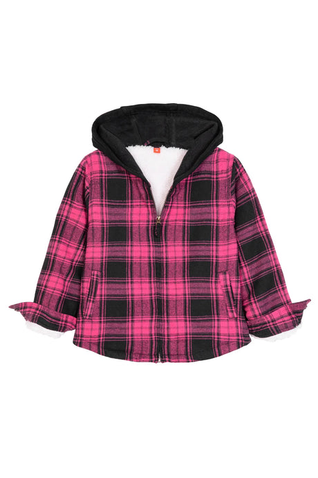 Front view of kids pink full zip flannel jacket