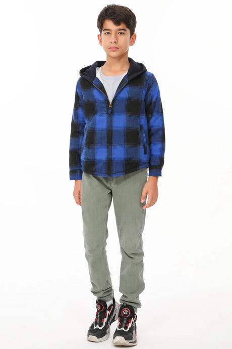 A boy in blue toddler warm zipper plaid flannel hoodie