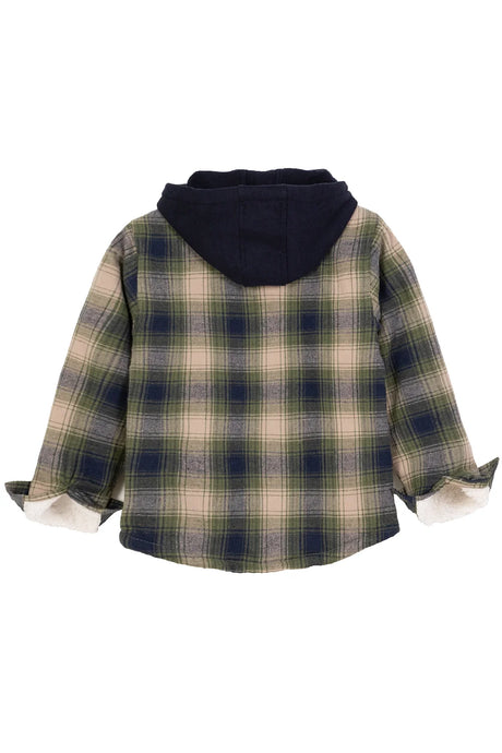 Back view of tea green toddler sherpa lined snap flannel plaid hoodie