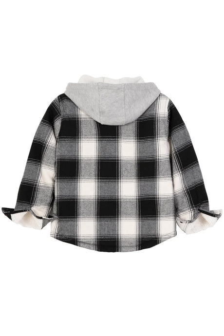 Back view of midnight black toddler sherpa lined snap flannel plaid hoodie