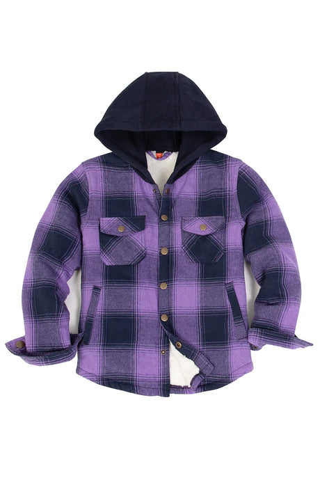 Front view of kids fleece-lined purple flannel jacket