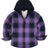 Front view of purple toddler full zip plaid flannel hooded