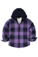 Front view of purple toddler full zip plaid flannel hooded