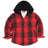 Front view of red black toddler full zip plaid flannel hooded