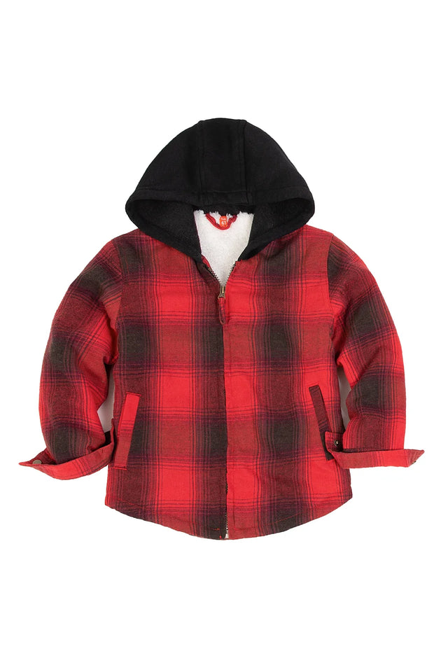 Front view of red black toddler full zip plaid flannel hooded