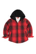 Front view of kids red black sherpa-lined hooded plaid flannel jacket