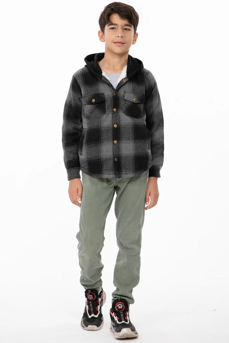 A smiling boy in buffalo grey toddler sherpa lined snap flannel plaid hoodie