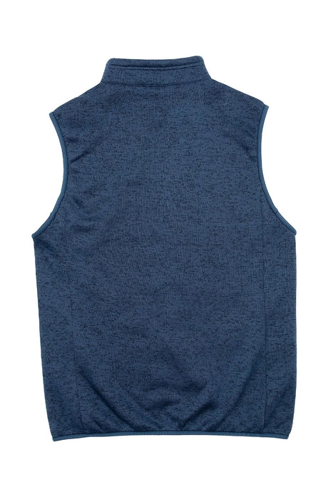 Back view of navy men's sweater fleece vest with sherpa lining