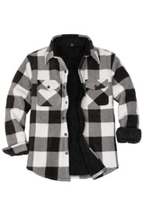 Front view of buffalo black white men's plaid sherpa lined shirt jacket