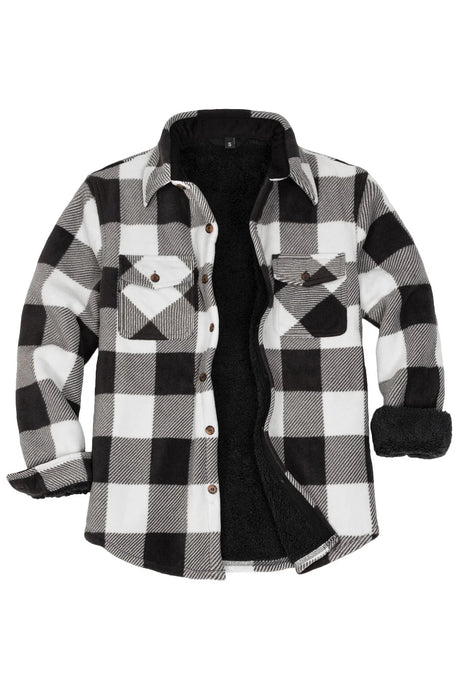 Front view of buffalo black white men's plaid sherpa lined shirt jacket