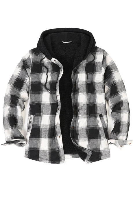  Front view of black white men's flannel jacket with hood