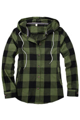 Women's Hooded Flannel Shirt Button Up Plaid Hoodie with Hand Pockets