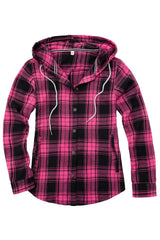 Women's Hooded Flannel Shirt Button Up Plaid Hoodie with Hand Pockets