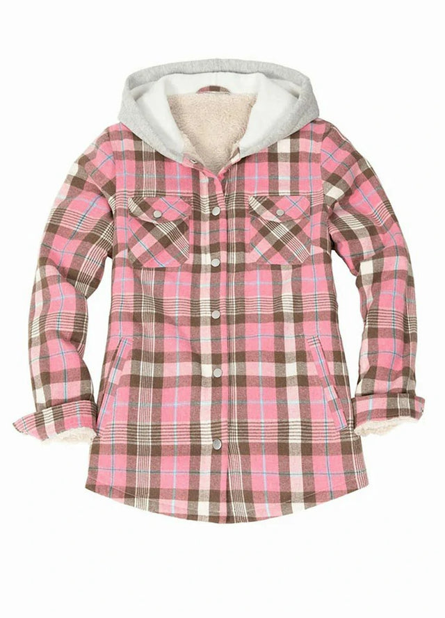 Women's Sherpa-Lined Snap Button Flannel Jacket with Fleece Hood