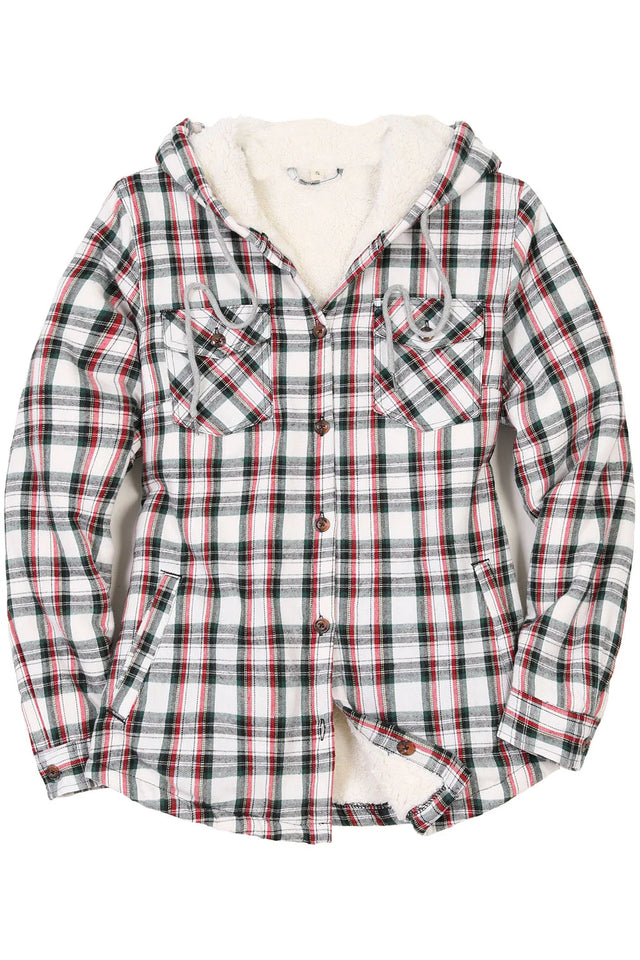 Women's Sherpa Lined Flannel Jacket with Hood,Button Up Plaid