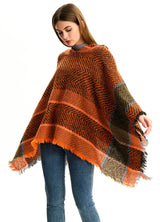 Women's Herringbone Striped Pattern Hooded Poncho