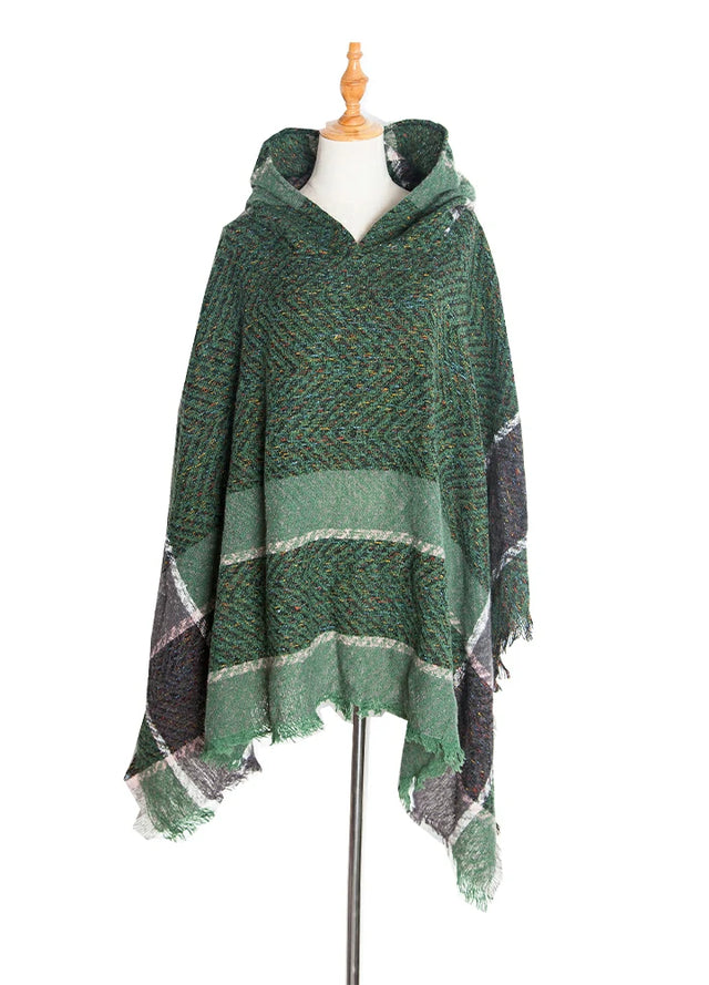 Women's Herringbone Striped Pattern Hooded Poncho