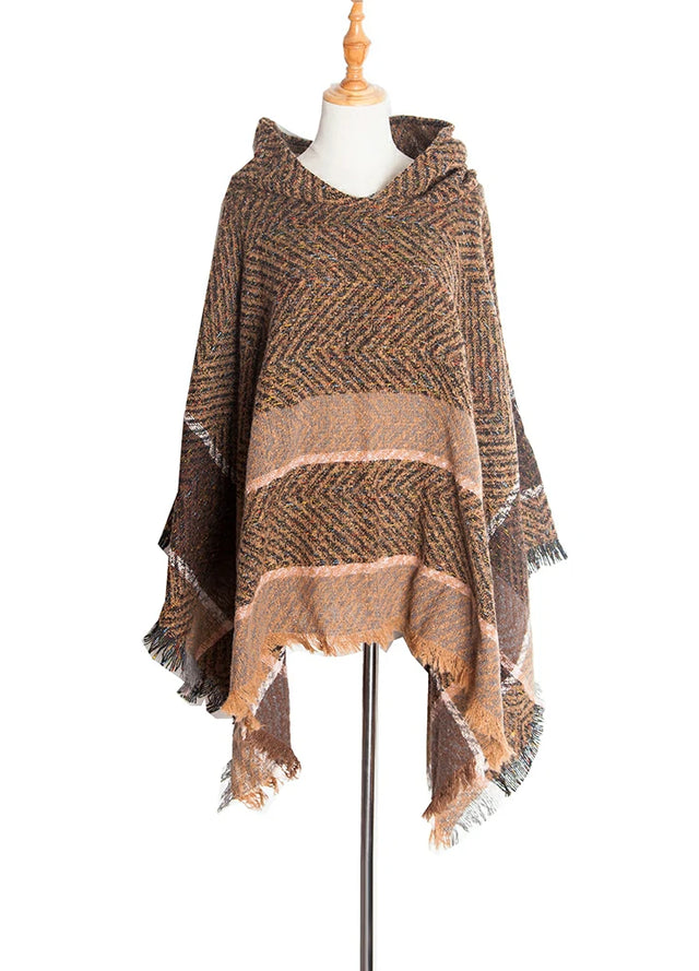 Women's Herringbone Striped Pattern Hooded Poncho