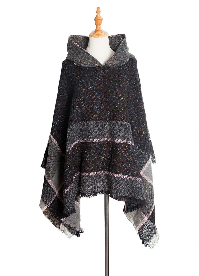 Women's Herringbone Striped Pattern Hooded Poncho