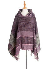 Women's Herringbone Striped Pattern Hooded Poncho