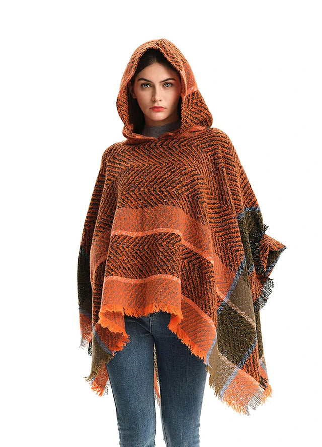 Women's Herringbone Striped Pattern Hooded Poncho