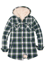Women's Matching Family Sherpa Lined Green Flannel Jacket with Hood