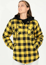 Women's Quilted Lined Hooded Plaid Flannel Shirt Jacket with Hood