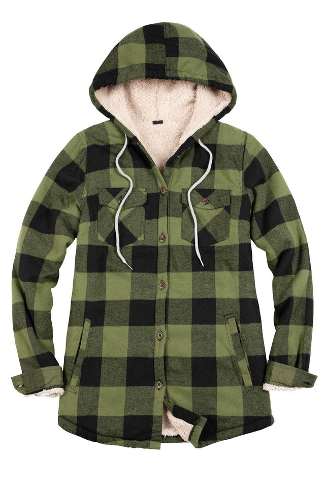 Women's Matching Family Sherpa Lined Green Flannel Jacket with Hood