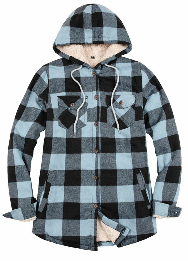 Women's Sherpa Lined Flannel Jacket with Hood,Button Up Plaid